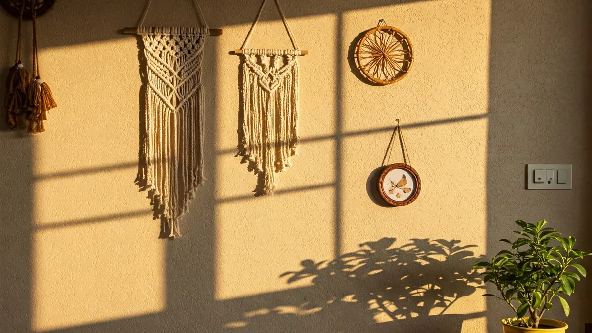 Sunlit wall with hanging macrame decorations