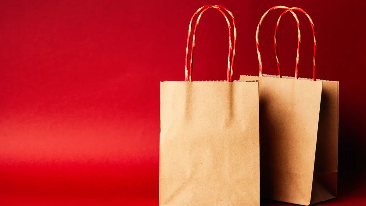 Two plain brown paper gift bags with twisted handles